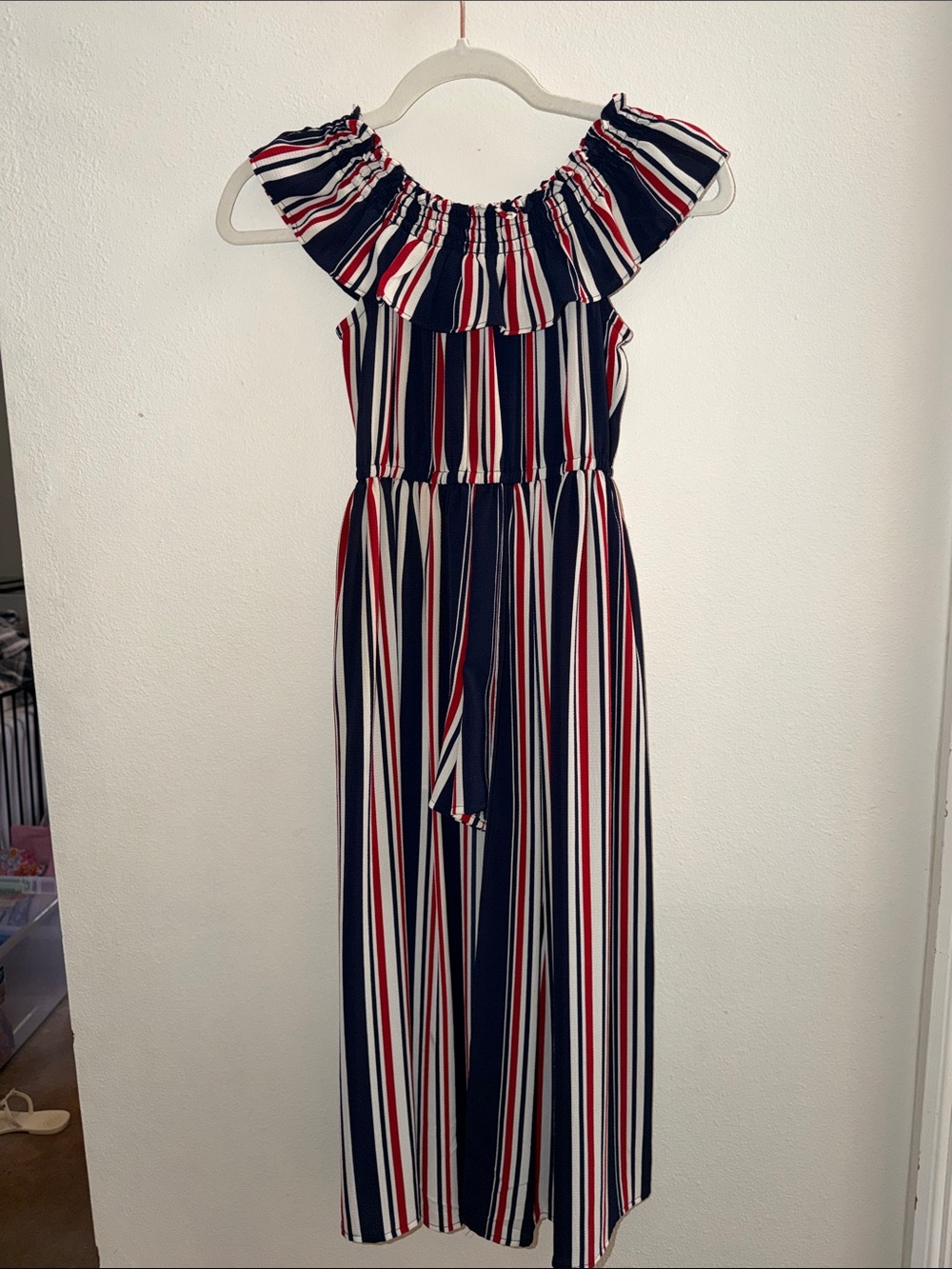 Bonnie Jean Navy Red and White Striped Off-Shoulder Maxi Dress